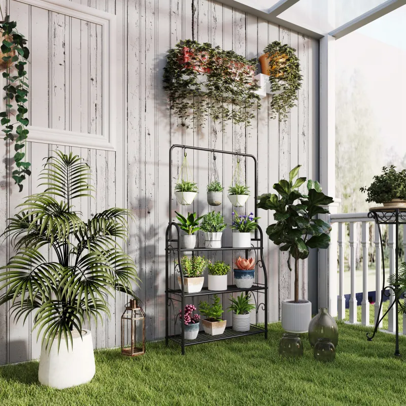 Estantería para Plantas de 3 Niveles con Ganchos de Metal Barra para Colgar para Interior y Exterior Negro - Ogal.Es
