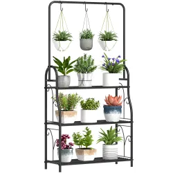 Estantería para Plantas de 3 Niveles con Ganchos de Metal Barra para Colgar para Interior y Exterior Negro - Ogal.Es