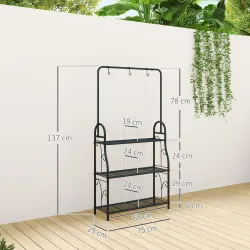 Estantería para Plantas de 3 Niveles con Ganchos de Metal Barra para Colgar para Interior y Exterior Negro - Ogal.Es