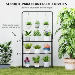 Estantería para Plantas de 3 Niveles con Ganchos de Metal Barra para Colgar para Interior y Exterior Negro - Ogal.Es
