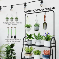 Estantería para Plantas de 3 Niveles con Ganchos de Metal Barra para Colgar para Interior y Exterior Negro - Ogal.Es