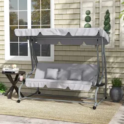 Balancín de Jardín Exterior de 3 Plazas Convertible en Cama con Toldo Ajustable y 2 Almohadas Carga 340 kg Gris - Ogal.Es