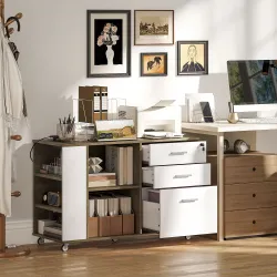 Mueble Archivador con Ruedas 3 Cajones Estación de Carga Cerradura y Estantes 100x40x65,5 cm Marrón Grisáceo - Ogal.Es
