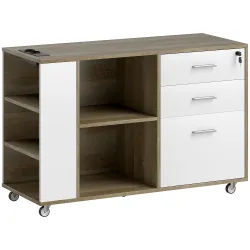 Mueble Archivador con Ruedas 3 Cajones Estación de Carga Cerradura y Estantes 100x40x65,5 cm Marrón Grisáceo - Ogal.Es