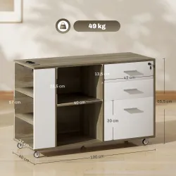 Mueble Archivador con Ruedas 3 Cajones Estación de Carga Cerradura y Estantes 100x40x65,5 cm Marrón Grisáceo - Ogal.Es