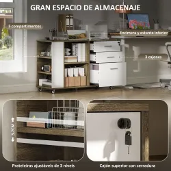 Mueble Archivador con Ruedas 3 Cajones Estación de Carga Cerradura y Estantes 100x40x65,5 cm Marrón Grisáceo - Ogal.Es