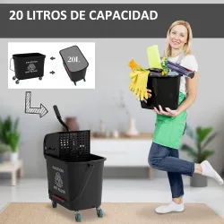Cubo de Fregar 20L con Ruedas y Escurridor Cubo para Fregona con Separador de Agua 60x27x70,5 cm Negro - Ogal.Es