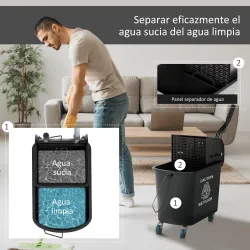 Cubo de Fregar 20L con Ruedas y Escurridor Cubo para Fregona con Separador de Agua 60x27x70,5 cm Negro - Ogal.Es
