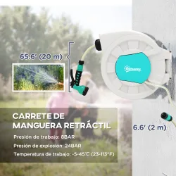 Carrete de Manguera Retráctil 20 +2 m con Soporte Boquilla de 7 Funciones y Bloqueo Retorno Automático Gris - Ogal.Es