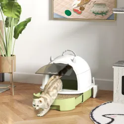 Arenero Cerrado para Gatos con Bandeja Extraíble Filtro de Carbono Pala y Asa Superior 40,5x52x39 cm Blanco y Verde - Ogal.Es