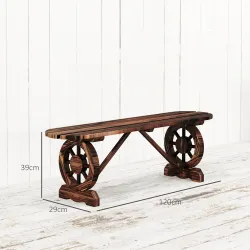 Banco de de Madera con 2 Ruedas Decorativas Estilo Rústico Carga 200 kg 120x29x39 cm Carbonizado - Ogal.Es