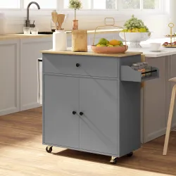 Isla de Cocina con Ala Abatible 2 Puertas Cajón Especiero Toallero y Estante Ajustable 106x42x87 cm Gris y Roble - Ogal.Es