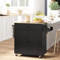 Isla de Cocina con Ala Abatible 2 Puertas Cajón Especiero Toallero y Estante Ajustable 106x42x87 cm Negro y Roble - Ogal.Es