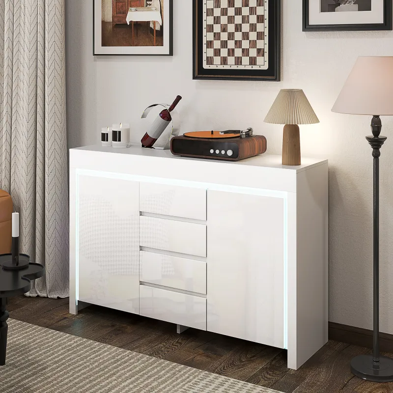 Aparador de Salón con Luces LED 4 Cajones Cierre Suave Estantes Ajustables y Mando a Distancia 120x34x80cm Blanc... - Ogal.Es