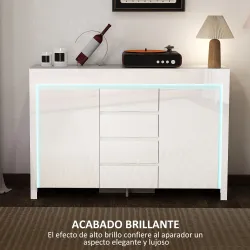 Aparador de Salón con Luces LED 4 Cajones Cierre Suave Estantes Ajustables y Mando a Distancia 120x34x80cm Blanc... - Ogal.Es