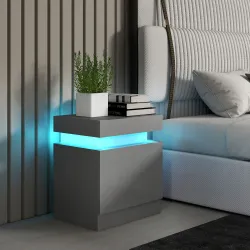 Mesilla de Noche con Luces LED 2 Cajones y Control de APP Mesa de Noche para Dormitorio Salón 45x35x52 cm Gris - Ogal.Es