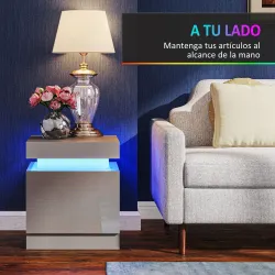 Mesilla de Noche con Luces LED 2 Cajones y Control de APP Mesa de Noche para Dormitorio Salón 45x35x52 cm Gris - Ogal.Es