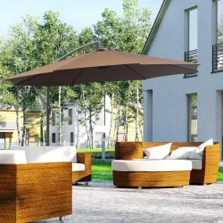 Sombrilla de Jardín Ø295 cm Parasol Excéntrico Inclinable con Manivela Base Cruzada y Soporte de Acero Café - Ogal.Es