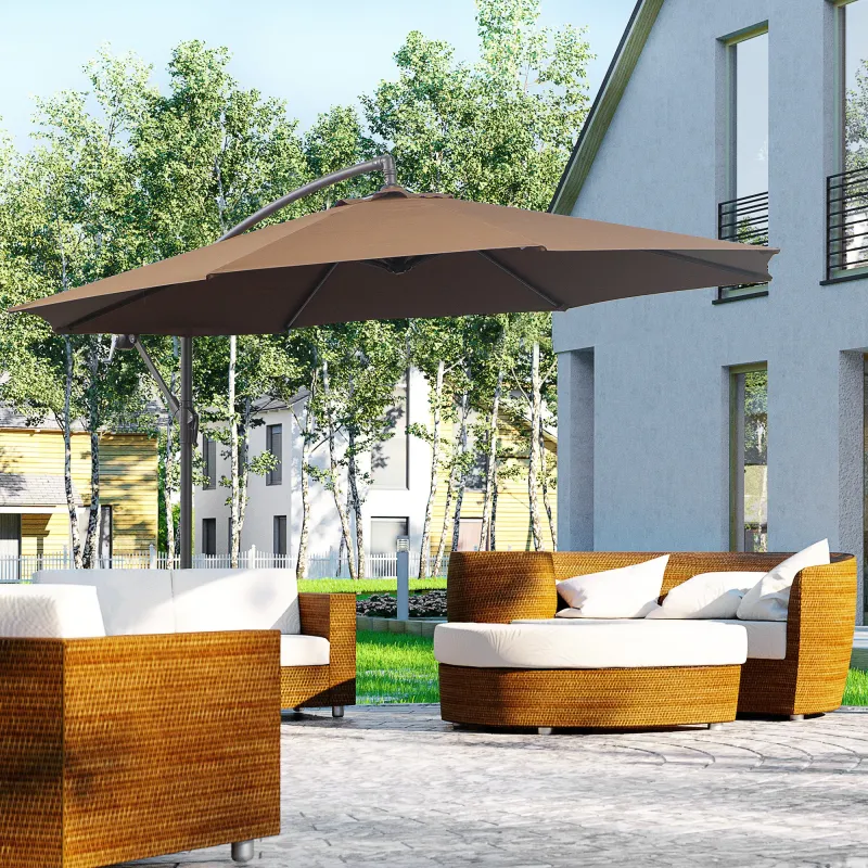Sombrilla de Jardín Ø295 cm Parasol Excéntrico Inclinable con Manivela Base Cruzada y Soporte de Acero Café - Ogal.Es