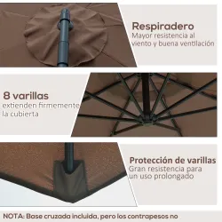 Sombrilla de Jardín Ø295 cm Parasol Excéntrico Inclinable con Manivela Base Cruzada y Soporte de Acero Café - Ogal.Es