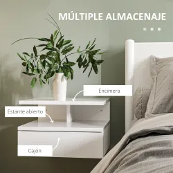 Juego de 2 Mesitas de Noche Colgantes con 1 Cajón y Estante Abierto para Dormitorio 35x32x22,5 cm Blanco - Ogal.Es