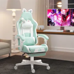 Silla Gamer Reclinable con Altura Ajustable Reposapiés Retráctil Soporte Lumbar y Reposacabezas Desmontable Verd... - Ogal.Es