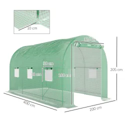 Invernadero de Túnel 4x2x2 m con Puerta Enrollable y 6 Ventanas de Malla Cubierta PE 140 g/m² Verde - Ogal.Es