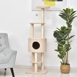 Árbol Rascador para Gatos Altura 148 cm Árbol para Gatos con Postes de Sisal Plataformas Casa y Bola Colgante Beige - Ogal.Es