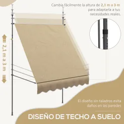 Toldo Manual Retráctil con Manivela 200x120x210-300 cm con Altura Ajustable Impermeable y Anti-UV Beige - Ogal.Es