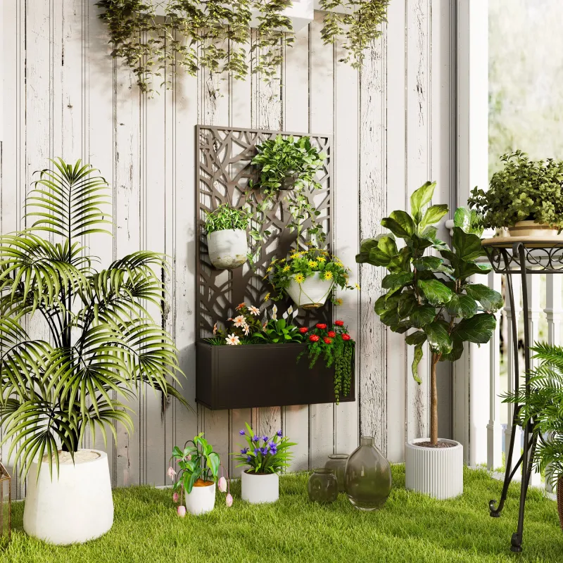 Jardinera Elevada con Panel de Privacidad de Ramas Decorativas de Metal y Opción de Montaje en Pared 61x23x113 c... - Ogal.Es