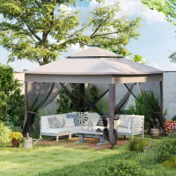 Carpa Plegable Gazebo 3,3x3,3 m con 4 Paredes Laterales de Malla Anti-UV y Bolsa de Transporte Gris - Ogal.Es