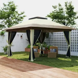 Cenador Plegable 3,6x3,6 m con Laterales de Malla UPF50+ Altura Ajustable Bolsa con Ruedas y Bolsas de Arena Crema - Ogal.Es
