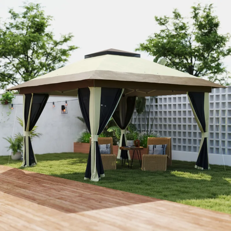 Cenador Plegable 3,6x3,6 m con Laterales de Malla UPF50+ Altura Ajustable Bolsa con Ruedas y Bolsas de Arena Crema - Ogal.Es