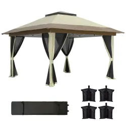 Cenador Plegable 3,6x3,6 m con Laterales de Malla UPF50+ Altura Ajustable Bolsa con Ruedas y Bolsas de Arena Crema - Ogal.Es