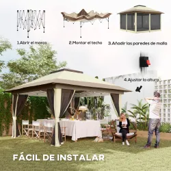 Cenador Plegable 3,6x3,6 m con Laterales de Malla UPF50+ Altura Ajustable Bolsa con Ruedas y Bolsas de Arena Crema - Ogal.Es