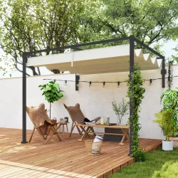 Pérgola de Pared 3x2 m con Techo Retráctil Tela de Poliéster Resistente al Agua para Jardín Patio Crema - Ogal.Es