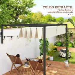 Pérgola de Pared 3x2 m con Techo Retráctil Tela de Poliéster Resistente al Agua para Jardín Patio Crema - Ogal.Es