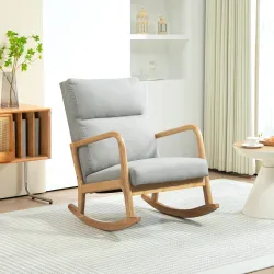 Mecedora Tapizada en Lino Silla Mecedora con Patas de Madera de Caucho y Reposabrazos Carga 150 kg Gris - Ogal.Es