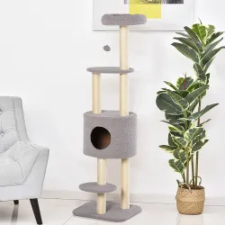 Árbol Rascador para Gatos Altura 148 cm Árbol para Gatos con Postes de Sisal Plataformas Casa y Bola Colgante Gris - Ogal.Es