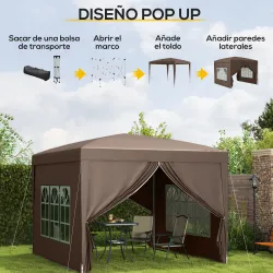 Carpa Plegable Pop-up 3x3 m con 4 Paredes Laterales Anti-UV y Bolsa de Transporte Café - Ogal.Es