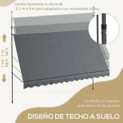 Toldo Manual Retráctil con Manivela 350x120x210-300 cm con Altura Ajustable Impermeable y Anti-UV Gris Oscuro - Ogal.Es