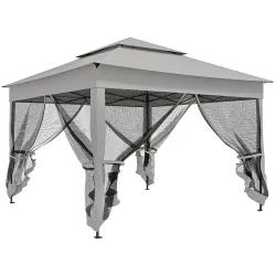 Carpa Plegable Gazebo 3,3x3,3 m con 4 Paredes Laterales de Malla Anti-UV y Bolsa de Transporte Gris Claro - Ogal.Es