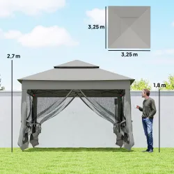 Carpa Plegable Gazebo 3,3x3,3 m con 4 Paredes Laterales de Malla Anti-UV y Bolsa de Transporte Gris Claro - Ogal.Es