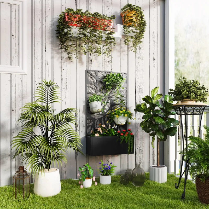 Jardinera Elevada con Panel de Privacidad de Hojas Decorativas de Metal y Opción de Montaje en Pared 61x23x113 c... - Ogal.Es
