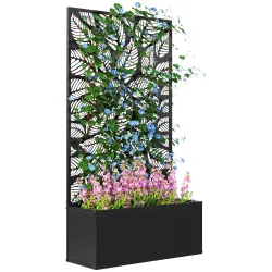 Jardinera Elevada con Panel de Privacidad de Hojas Decorativas de Metal y Opción de Montaje en Pared 61x23x113 c... - Ogal.Es