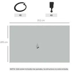 4 Paredes Laterales para Cenador 3,5x2 m con 48 Ganchos y Anillos en C para Pérgola Gazebo Gris Claro - Ogal.Es
