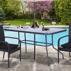 Mesa de Jardín Exterior Rectangular de Metal Bordes Curvos con Orificio para Sombrilla Capacidad 70kg Vidrio Tem... - Ogal.Es