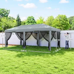Carpa Plegable Pop-Up Gazebo 6x3 m con 6 Paredes Laterales de Malla Anti-UV y Bolsa de Transporte Gris - Ogal.Es