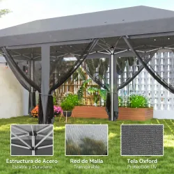 Carpa Plegable Pop-Up Gazebo 6x3 m con 6 Paredes Laterales de Malla Anti-UV y Bolsa de Transporte Gris - Ogal.Es