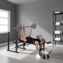 Banco de Pesas con Soportes para Barra y Respaldo Ajustable para Entrenamiento Completos de Cuerpo Negro - Ogal.Es